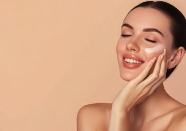 ai-generated-of-joyful-lady-touch-hands-cheeks-complexion-enjoy-aesthetic-ideal-perfect-skin-isolated-over-grey-color-background-photo