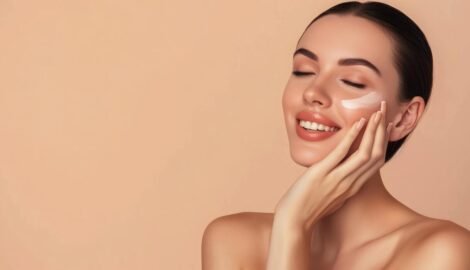 ai-generated-of-joyful-lady-touch-hands-cheeks-complexion-enjoy-aesthetic-ideal-perfect-skin-isolated-over-grey-color-background-photo