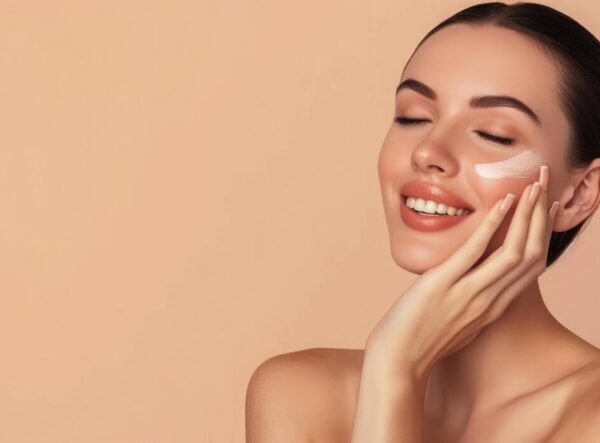 ai-generated-of-joyful-lady-touch-hands-cheeks-complexion-enjoy-aesthetic-ideal-perfect-skin-isolated-over-grey-color-background-photo